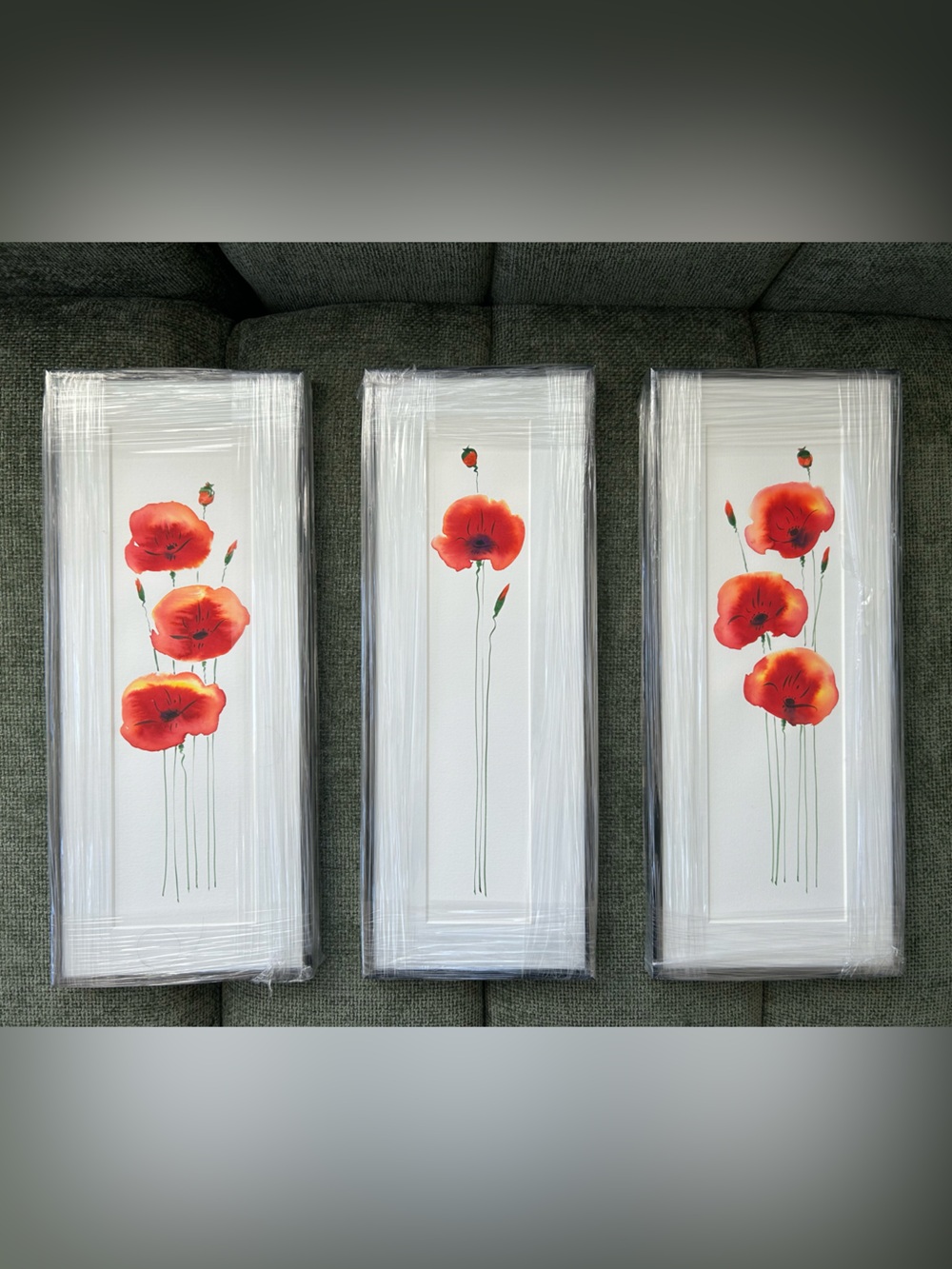 Handmade Watercolor Red Poppy Framed Paintings - 3 Panels